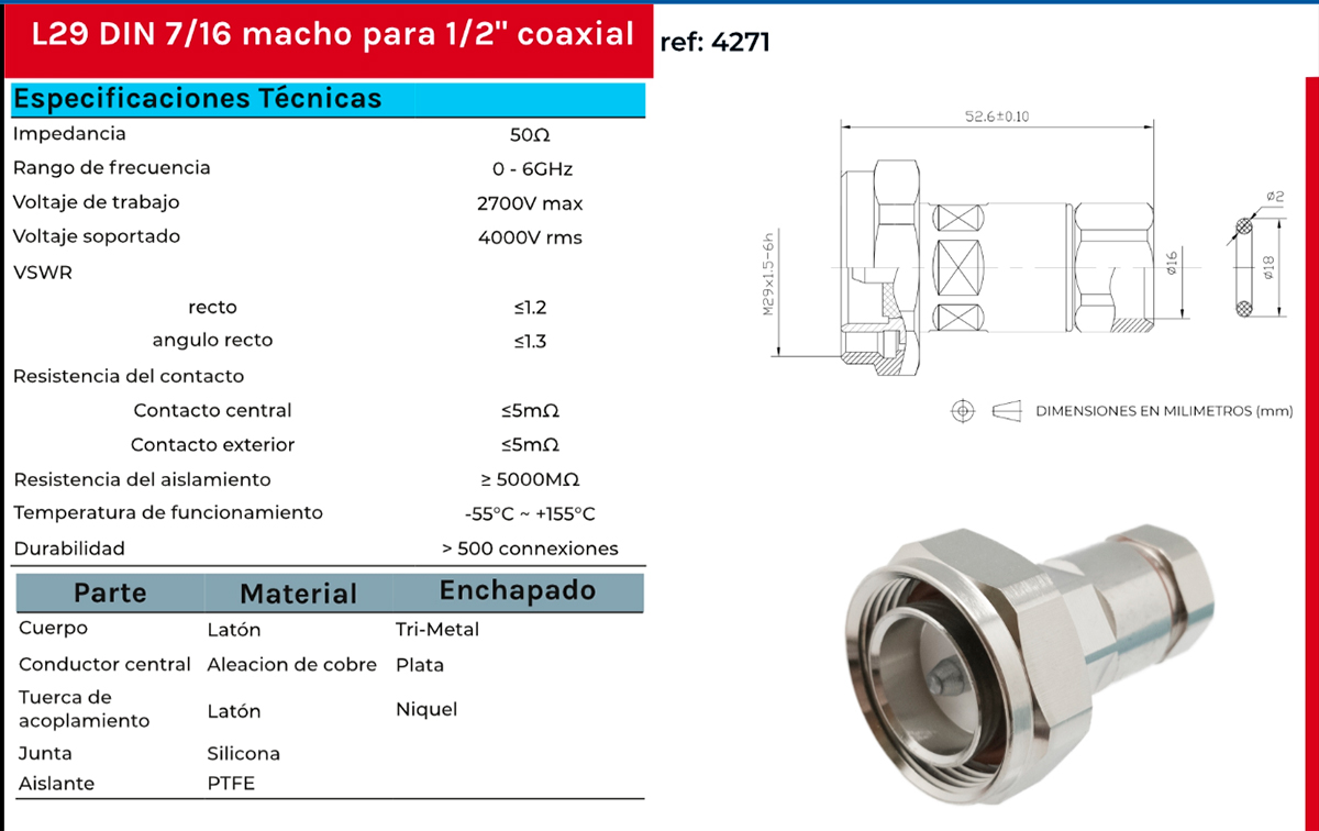 con4271 conector din 7/16 macho para cable 1/2 pulgada superflexible 