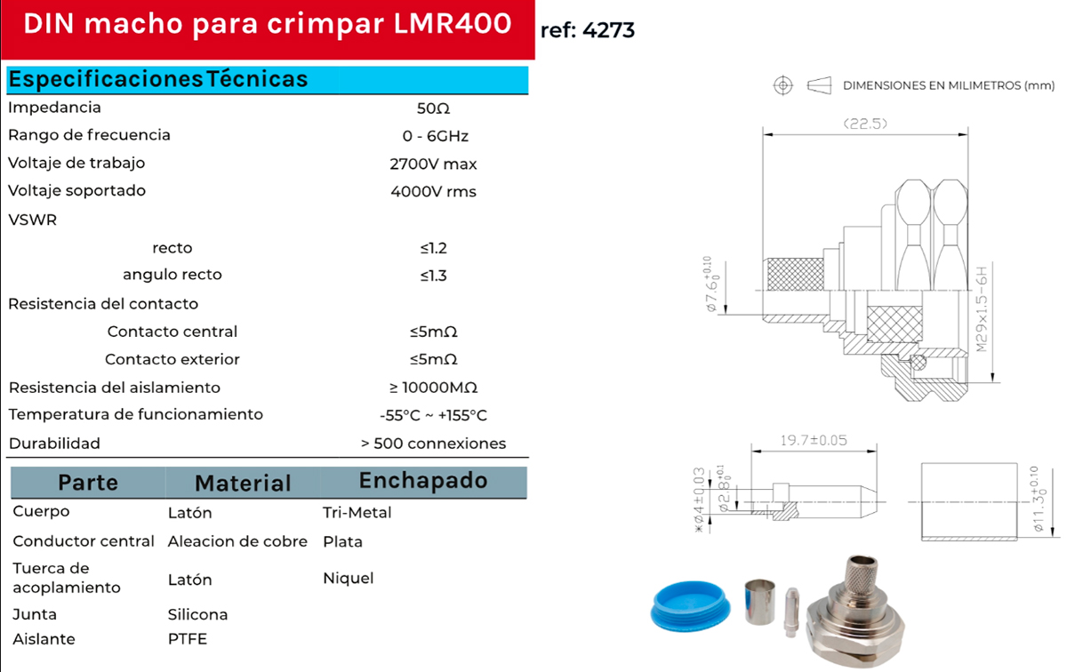 CON4273 Conector DIN 7/16 Macho Crimpar para cable LMR400