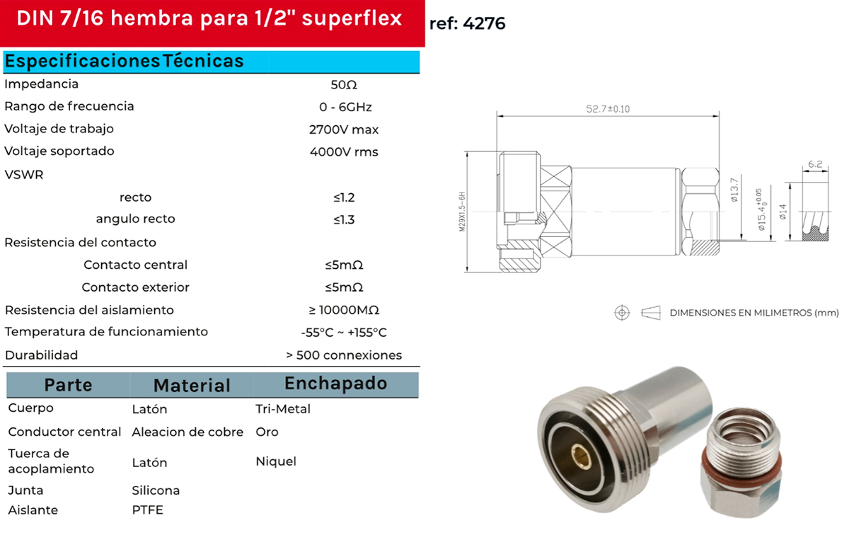 CON4276 Conector DIN 7/16 hembra clamp para 1/2 pulgada cable flexible