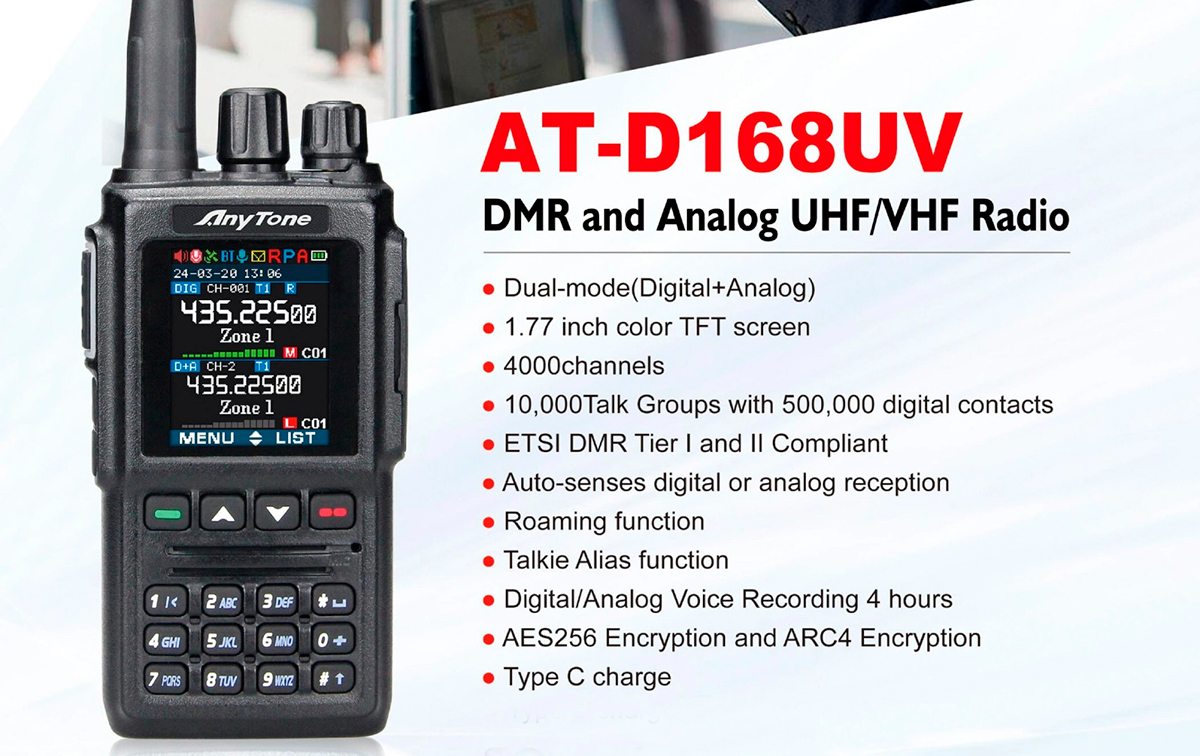 ANYTONE AT-D168 UV Walkie doble banda DMR 144/430 Mhz APRS digital