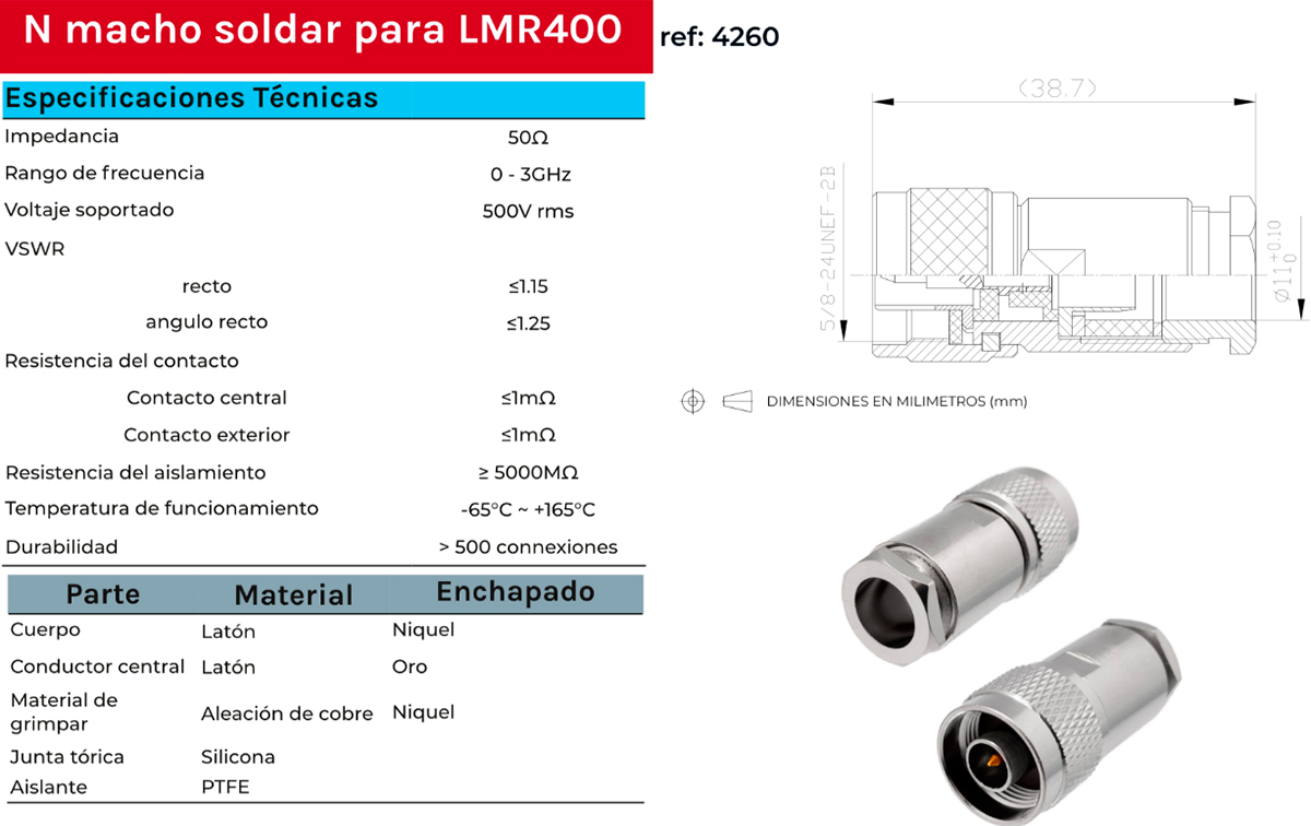 CON-4260 Conector N macho para RG-213 y LMR400 etc.