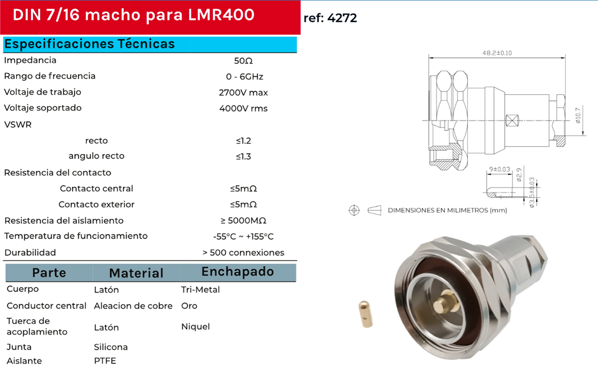 CON4272 Conector DIN 7/16 Macho para cable LMR400