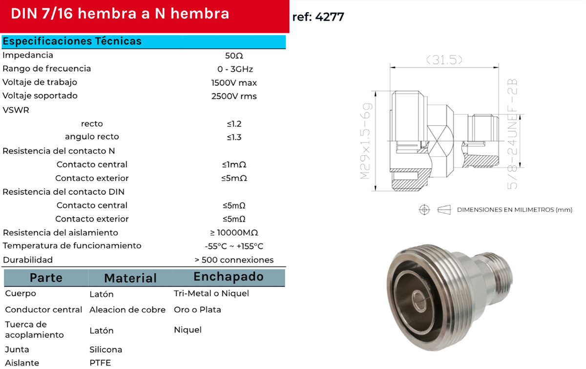 CON4277 Adaptador DIN 7/16 hembra a N Hembra