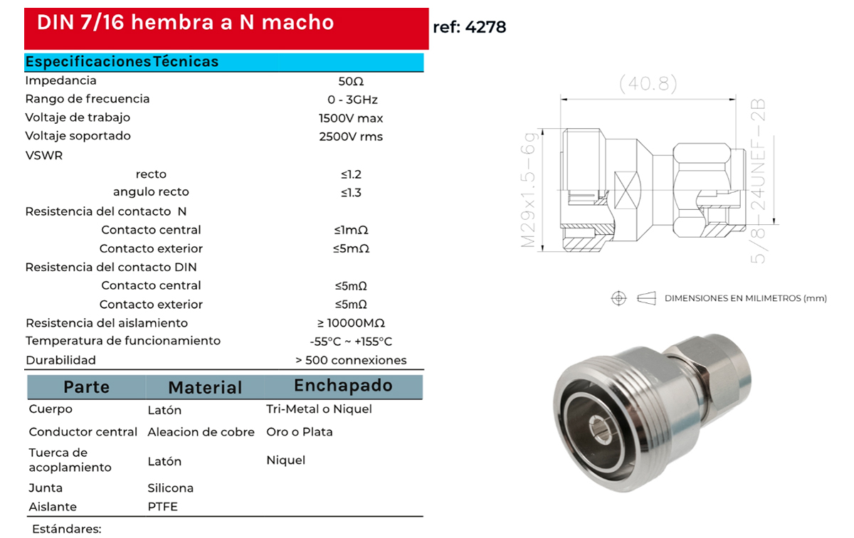 CON4278 Adaptador DIN 7/16 hembra a N Macho