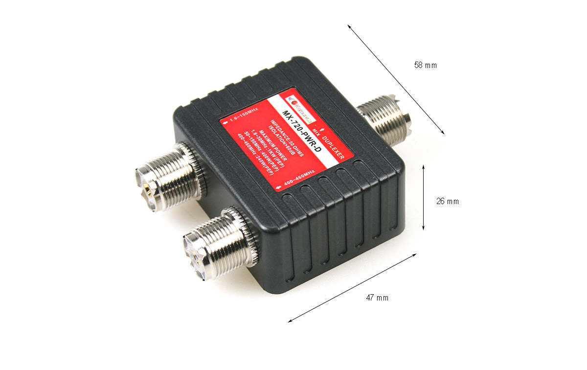 El duplexor MX-720-PWRD está diseñado para funcionar en múltiples bandas de frecuencia, incluyendo HF (1,6-30 MHz), VHF (50-150 MHz) y UHF (400-460 MHz). Esto lo hace adecuado para una amplia gama de aplicaciones de radioaficionados y comunicación.