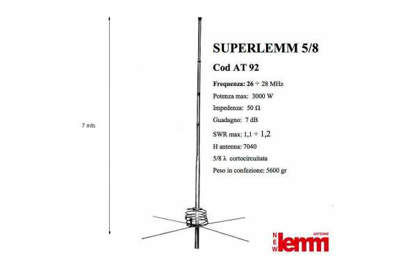 AT-92 SUPERLEMM 5/8 Antenne de base 4 radiales CB-26 à 28 Mhz L
