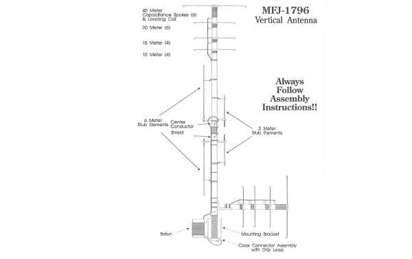 MFJ 1796 Vertical HF Antenna 6 bands 2/6/10/15/20/40 Length 3.60 meters